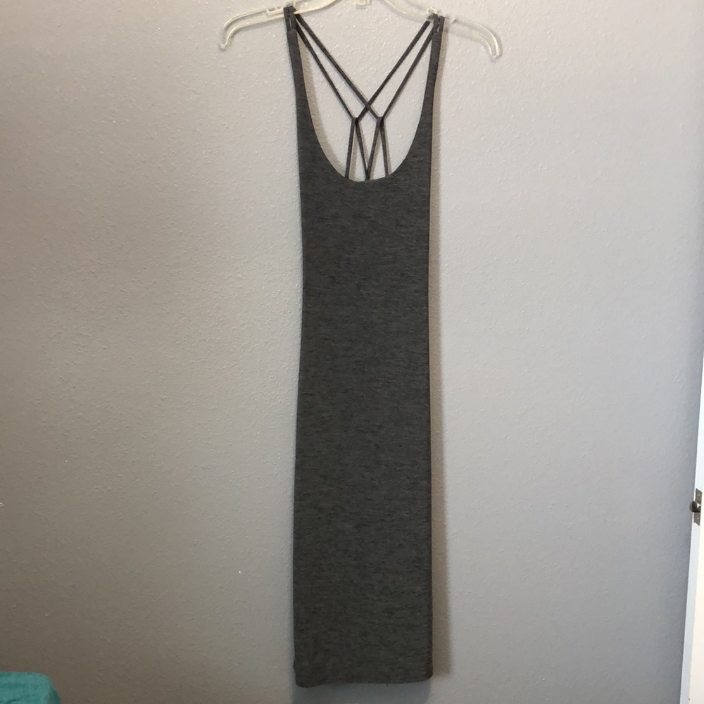 gLare gray dress Women's Medium crisscross straps in back sexy bodycon EUC tight